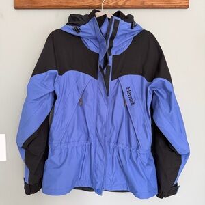 Marmot Gore-Tex Blue Black Rain Ski Shell Hood Coat w Detachable Fleece Insert